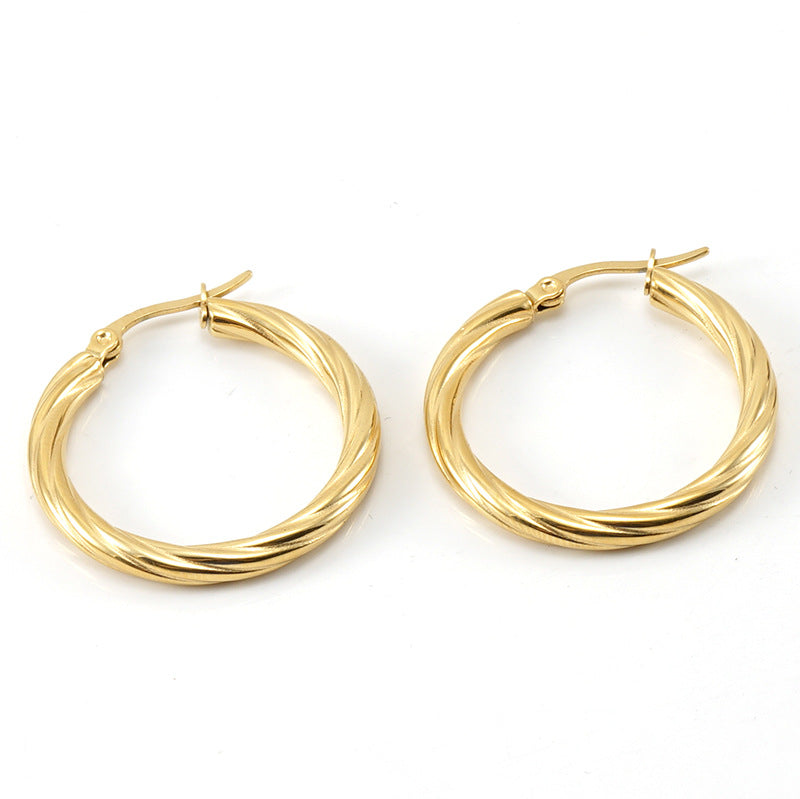 Wholesale 18K Stainless Steel Stripes Fashionable and Versatile Titanium Steel Round Buckle Earrings
